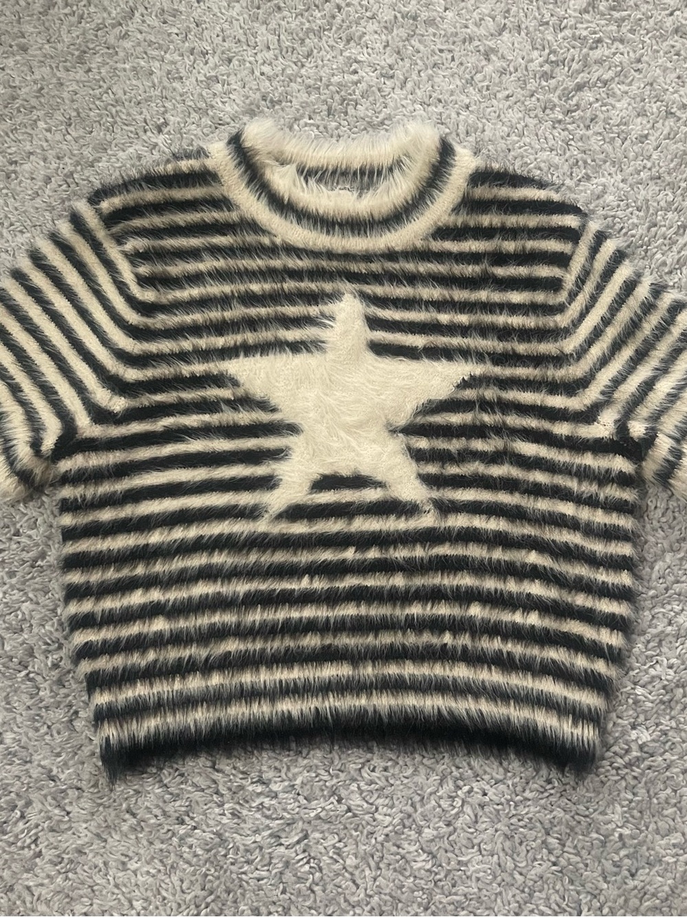 Kimchi Blue Striped Fuzzy Star Sweater in Black and Cream